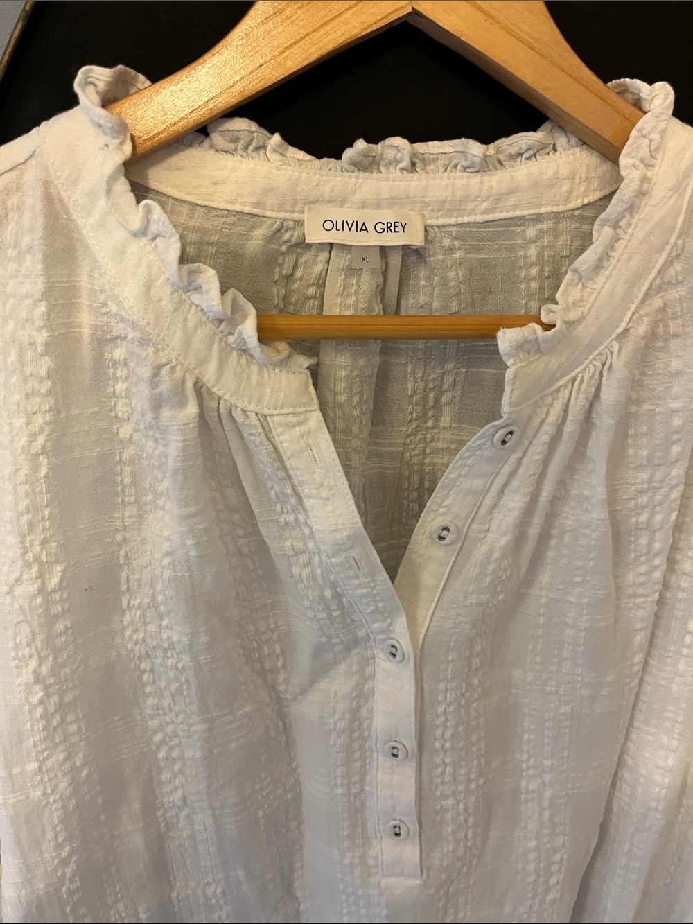 Olivia Grey White Ruffle-Neck Button Front Tunic